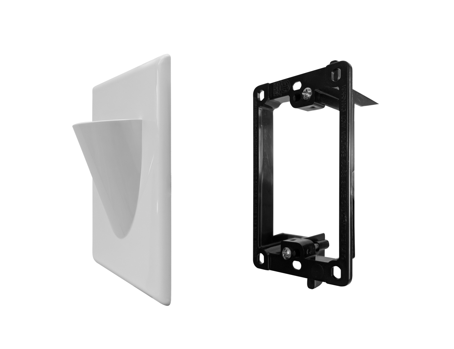 BestMounts Combo: Scoop (Outward) 1-Gang Cable Pass-Through Low Voltage Snap-On Wall Plate with Drywall Retrofit Mounting Bracket | BLVONS1