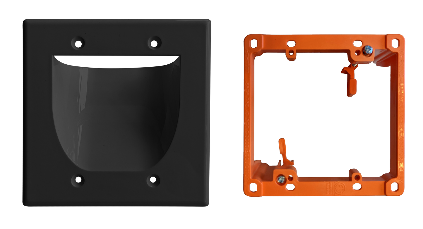 BestMounts Combo: Recessed (Inward) 2-Gang Cable Pass-Through Low Voltage Wall Plate with Drywall Retrofit Mounting Bracket | BWPW2+BLVP2