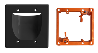 BestMounts Combo: Recessed (Inward) 2-Gang Cable Pass-Through Low Voltage Wall Plate with Drywall Retrofit Mounting Bracket | BWPW2+BLVP2