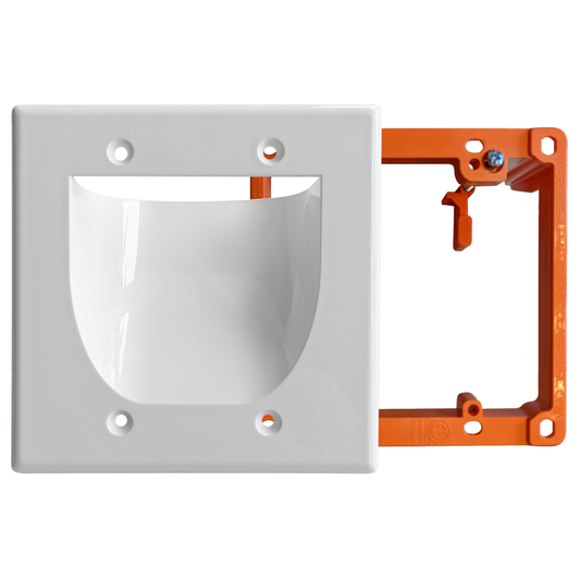 BestMounts Combo: Recessed (Inward) 2-Gang Cable Pass-Through Low Voltage Wall Plate with Drywall Retrofit Mounting Bracket | BWPW2+BLVP2