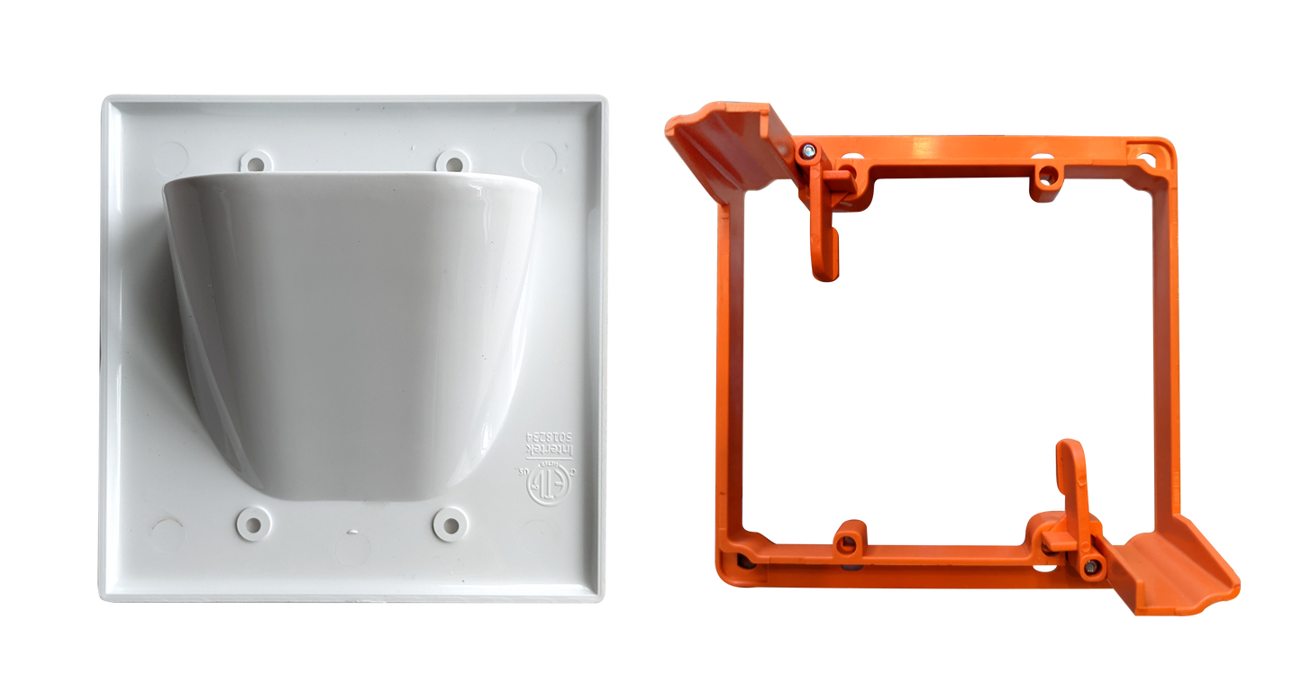 BestMounts Combo: Recessed (Inward) 2-Gang Cable Pass-Through Low Voltage Wall Plate with Drywall Retrofit Mounting Bracket | BWPW2+BLVP2