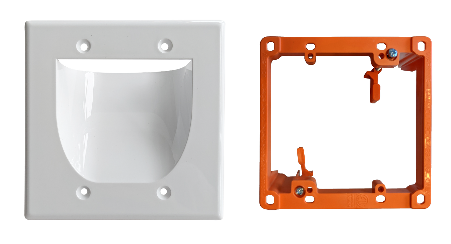 BestMounts Combo: Recessed (Inward) 2-Gang Cable Pass-Through Low Voltage Wall Plate with Drywall Retrofit Mounting Bracket | BWPW2+BLVP2