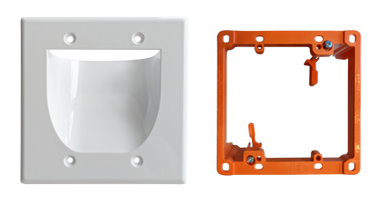 BestMounts Combo: Recessed (Inward) 2-Gang Cable Pass-Through Low Voltage Wall Plate with Drywall Retrofit Mounting Bracket | BWPW2+BLVP2
